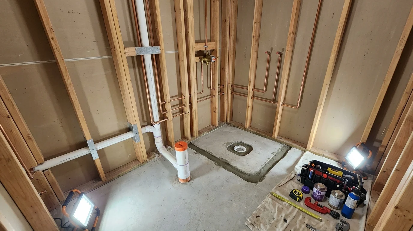 Bathroom rough-in plumbing during remodel by Johns Plumbing LLC in Seekonk