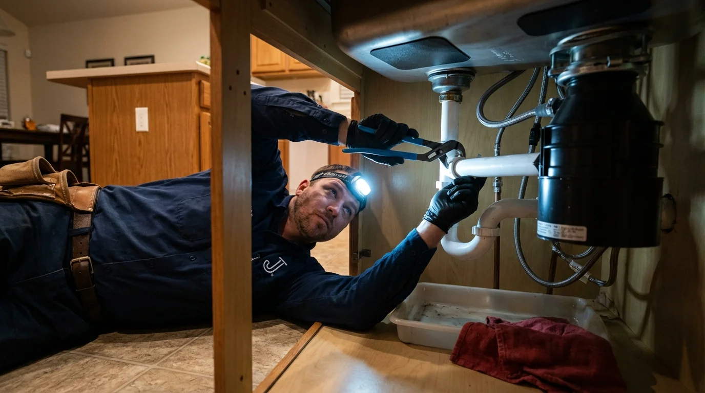 P-trap and supply line connections under a kitchen sink showing a common leak point in Seekonk, MA